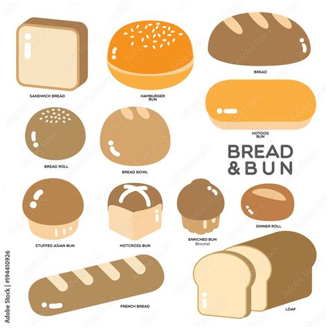 BREAD AND BUN Different kinds of bread, bun and roll in golden color ...