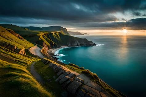 Premium AI Image | A photograph of a cliff edge with a sunset on the ...