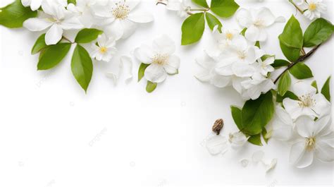 Some White Flowers On A White Background With Green Leaves, Picture ...