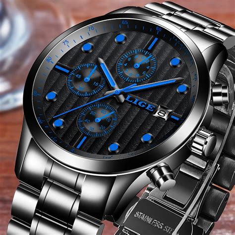 LIGE Waterproof Sport Watch Men Quartz Full Steel Clock Mens Watches ...