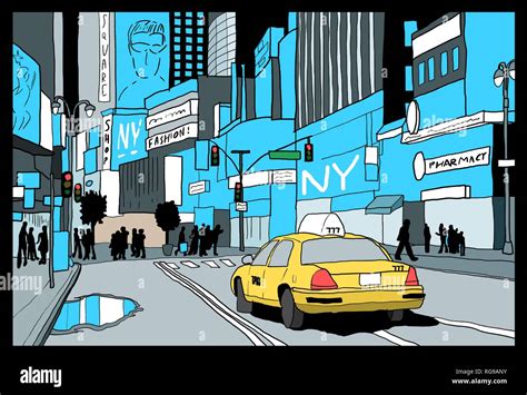 New York drawing - Times Square night view. Hand drawn illustration ...