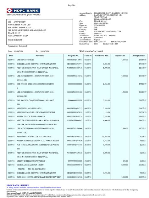 HDFC Bank Statement | PDF | Banks | Service Industries