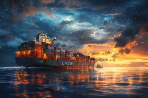 A Container Ship Loading with Containers at Night. Stock Image - Image ...