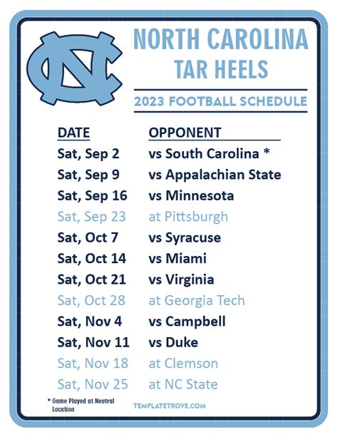 Printable 2023 North Carolina Tar Heels Football Schedule