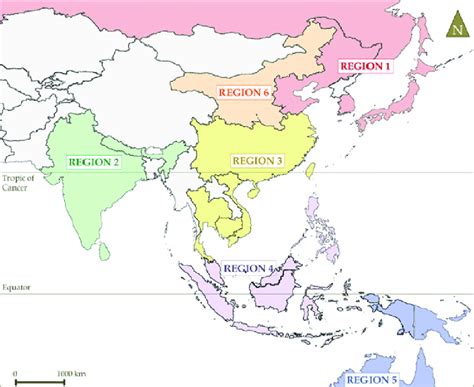 Map of Asia: the six regions. Region 1 in red; Region 2 in green ...