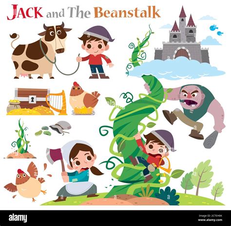 Vector Illustration of Cartoon characters Jack and the beanstalk. Fairy ...