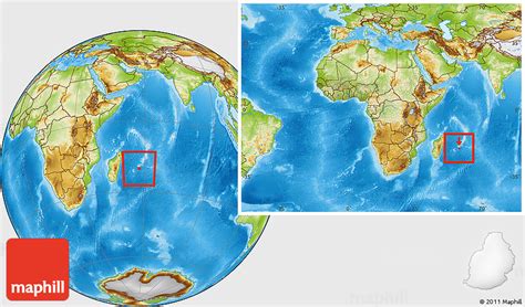 Physical Location Map of Mauritius, within the entire continent