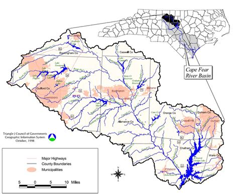 Map of the northern headwaters of the Cape Fear River Basin, showing ...