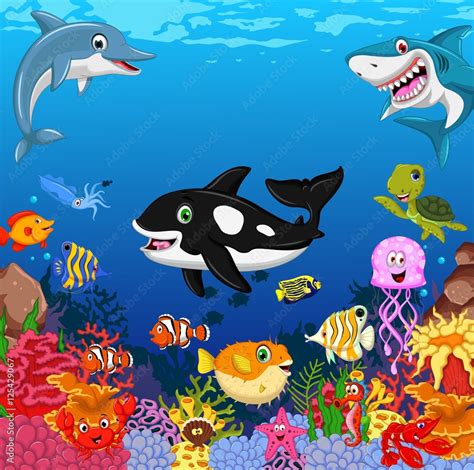 funny sea animals cartoon with sea life background Stock Illustration ...