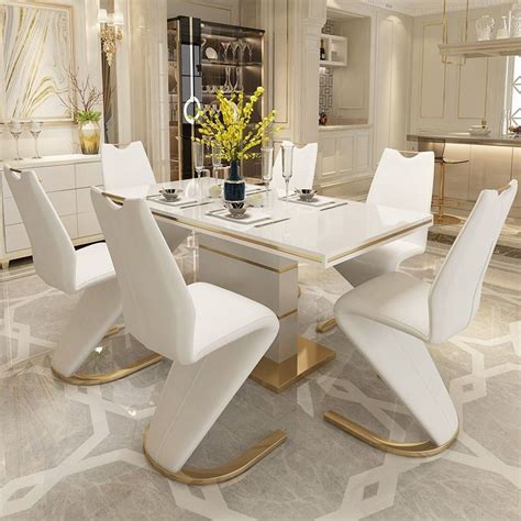 Modern Stylish 63" White Glass Dining Table Rectangular Gold Metal ...