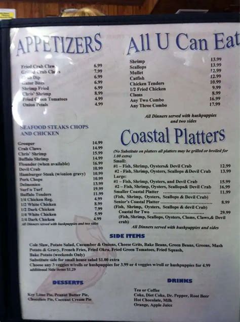 Menu at Coastal Restaurant, Panacea