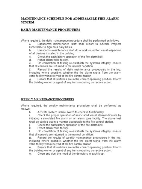 Maintenance Schedule For Fire Alarm Addressable System | PDF