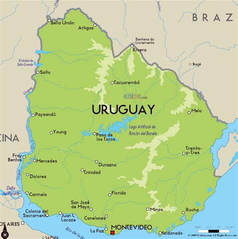 Large physical map of Uruguay with major cities | Uruguay | South ...