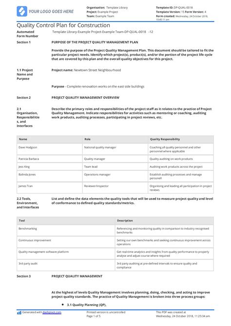 Construction Quality Control Plan Template Free - Printable Form ...