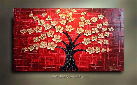 ORIGINAL Red Abstract Flower Painting Tree Gold blossom