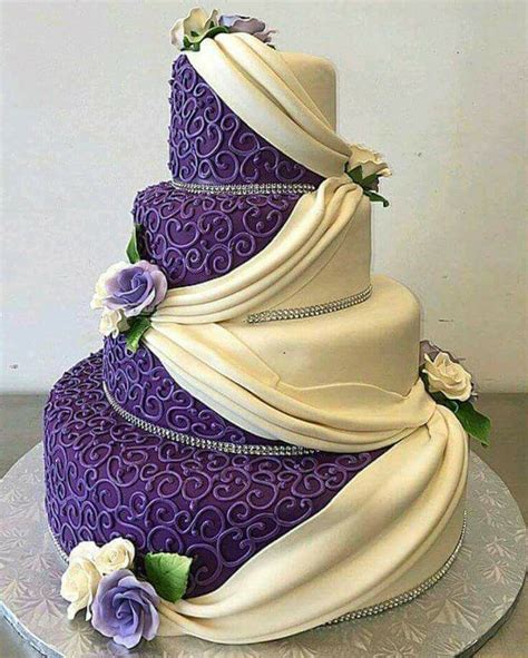 Purple and white wedding cake with touches of silver. | Purple cakes ...