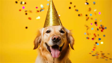 Happy golden retriever dog celebrating birthday wearing party hat ...