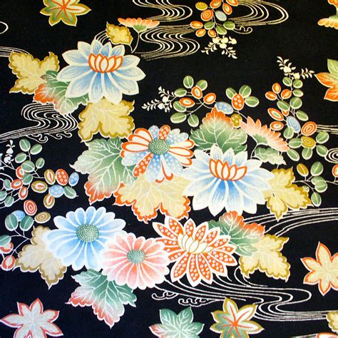 Oriental Floral Print Quilting Fabric Black Pastel Water Lily