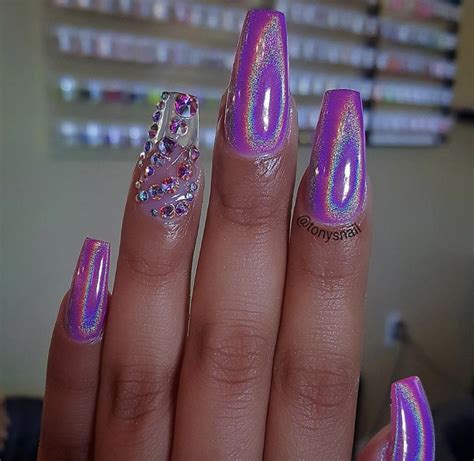 Holographic chrome neon purple rhinestone lucite nails | Chrome nails ...