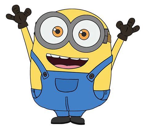 a cartoon minion wearing overalls and goggles with his hands in the air