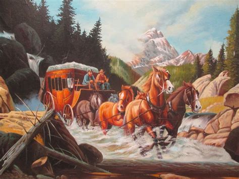 Lot - WESTERN PAINTING ON CANVAS. A scene with a stage coach crossing a ...