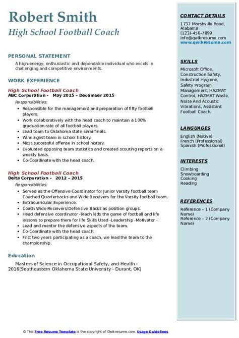 High School Football Coach Resume Samples | QwikResume