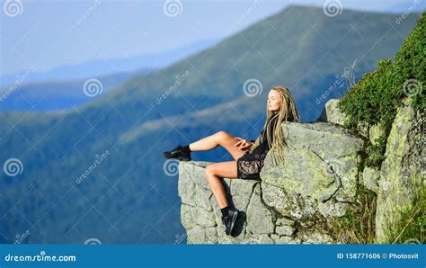 Hiking Peaceful Moment. Enjoy the View. Tourist Hiker Girl Relaxing ...