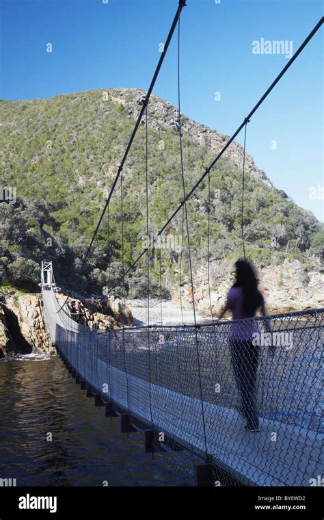 Woman walking across suspension bridge in Tsitsikamma National Park ...