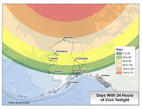 Map showing the amount of days with 24 hours of sunlight in Alaska : r ...