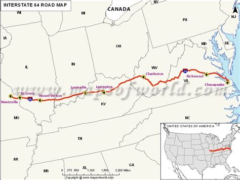 US Interstate 64 (I-64) Map - Wentzville, Missouri to Chesapeake, Virginia