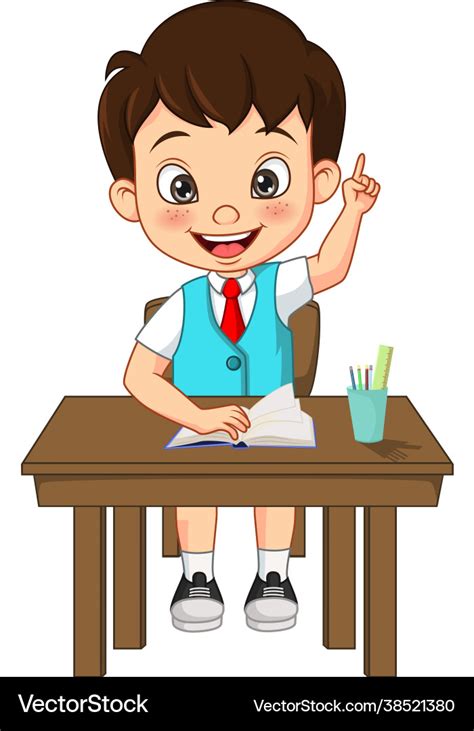 Happy cute little student boy raising his hand Vector Image