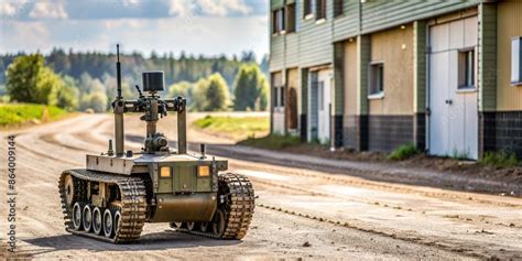 Unmanned ground vehicle patrolling military base perimeter, military ...