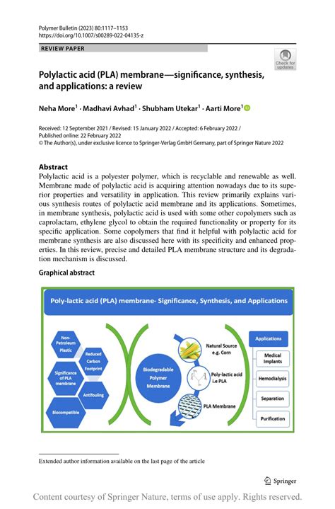 Polylactic acid (PLA) membrane—significance, synthesis, and ...