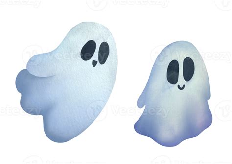 Set Of Cute Ghost Clipart On Transparent Background Watercolor Hand ...