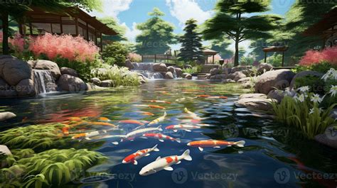 A tranquil scene featuring a Japanese garden with a koi pond, colorful ...