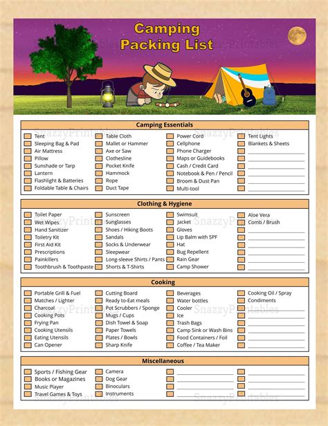 Printable Camping Packing Checklist, Camping Trip List Instant Download ...