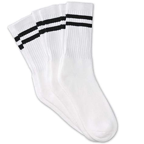 12 Pairs White Unisex Crew Socks with Two Black Stripes Classic Retro ...