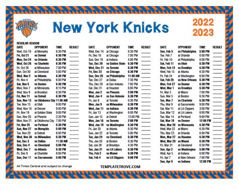 Printable 2022-2023 New York Knicks Schedule