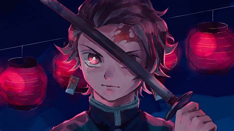 Demon Slayer Tanjirou Kamado With Sword With Black Background And Red ...