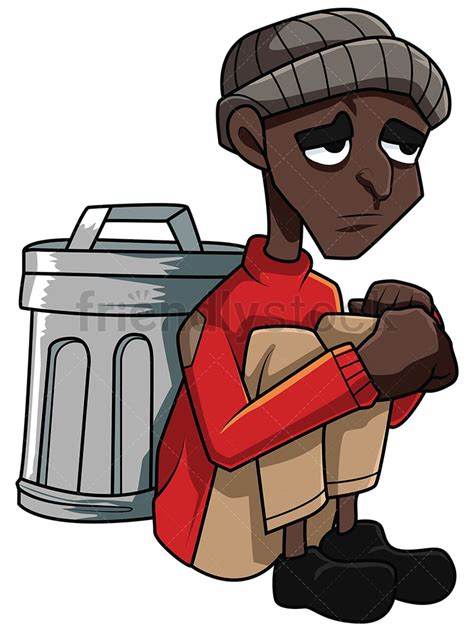 Poor Black Man Sitting Near Trash Vector Cartoon Clipart - FriendlyStock