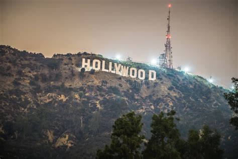 Hollywood Sign Lit at Night Editorial Stock Photo - Image of actor ...