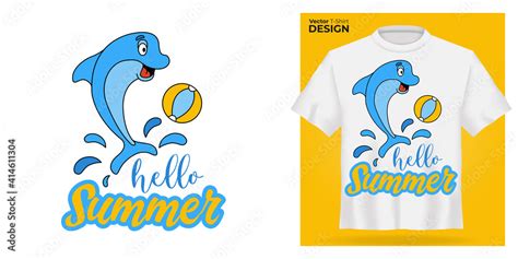 T-shirt mock up with funny cartoon dolphin play with ball print. 3d ...