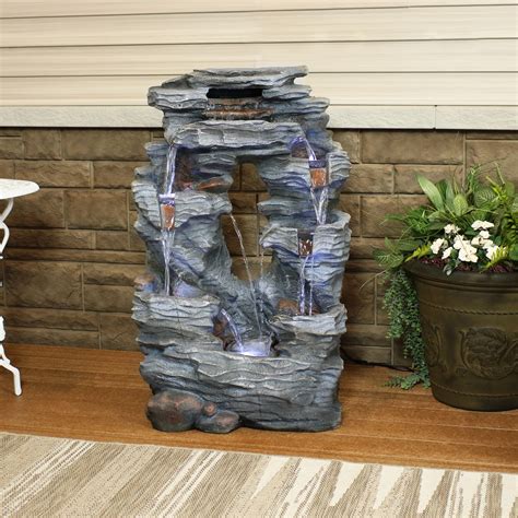 Sunnydaze Dual Cascading Rock Falls Outdoor Water Fountain with LED ...