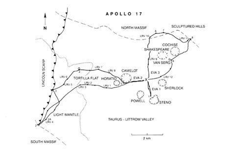 Apollo 17 site: Traverse map The thick lines indicate the paths taken ...