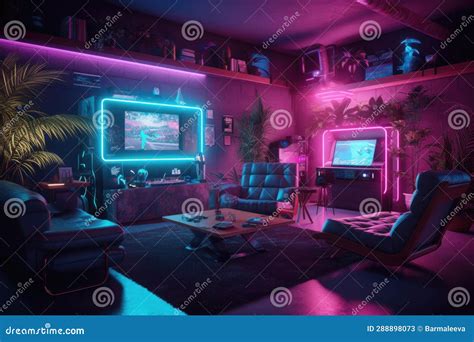 Gaming Room. Neon Illuminated Room with Computers Stock Illustration ...