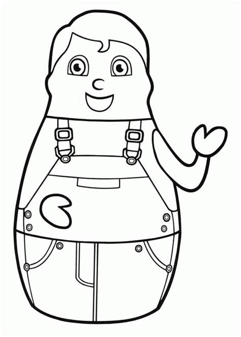 a coloring page with a cartoon character wearing overalls and holding ...