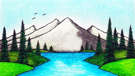 How to Draw Beautiful Mountain Lake | Easy Scenery Drawing - YouTube