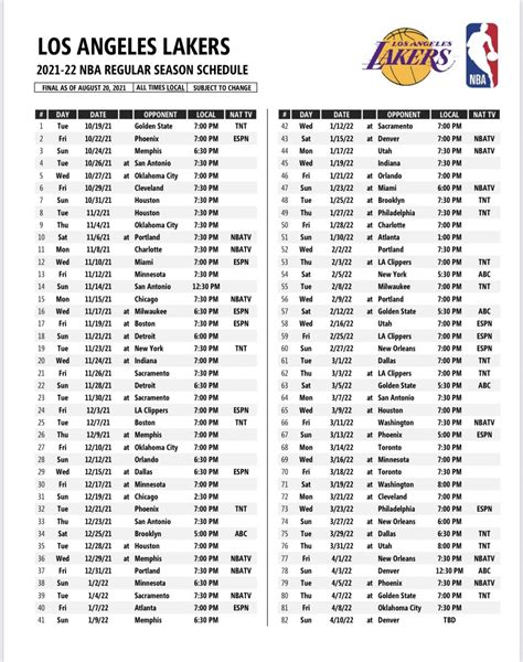 Lakers Schedule Printable