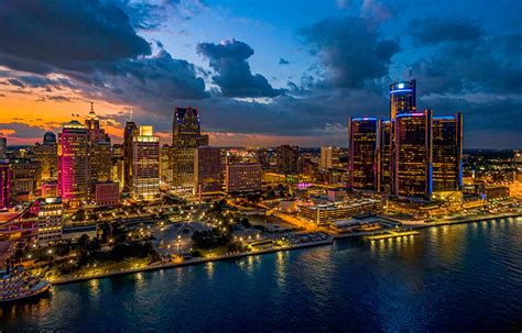 Detroit riverfront skyline at night