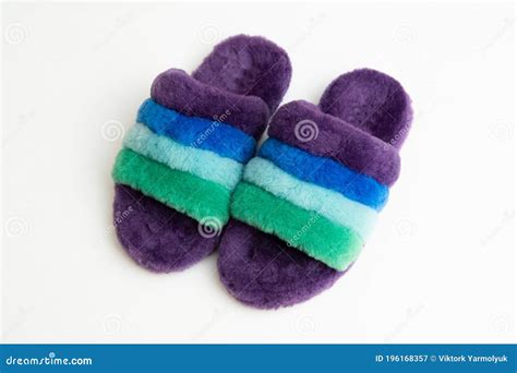 Fur Slippers Pair Of House Slippers Isolated On White Background Stock ...